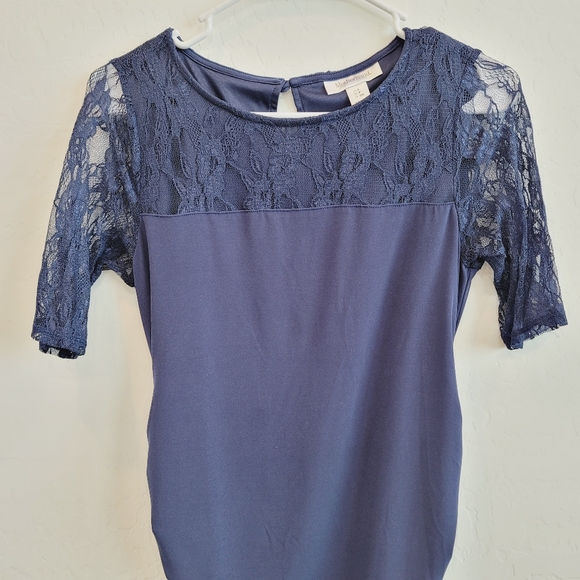💕Motherhood Maternity Navy Blue Dress with Lace Sleeves Women's Size Small Mat. - Picture 14 of 14